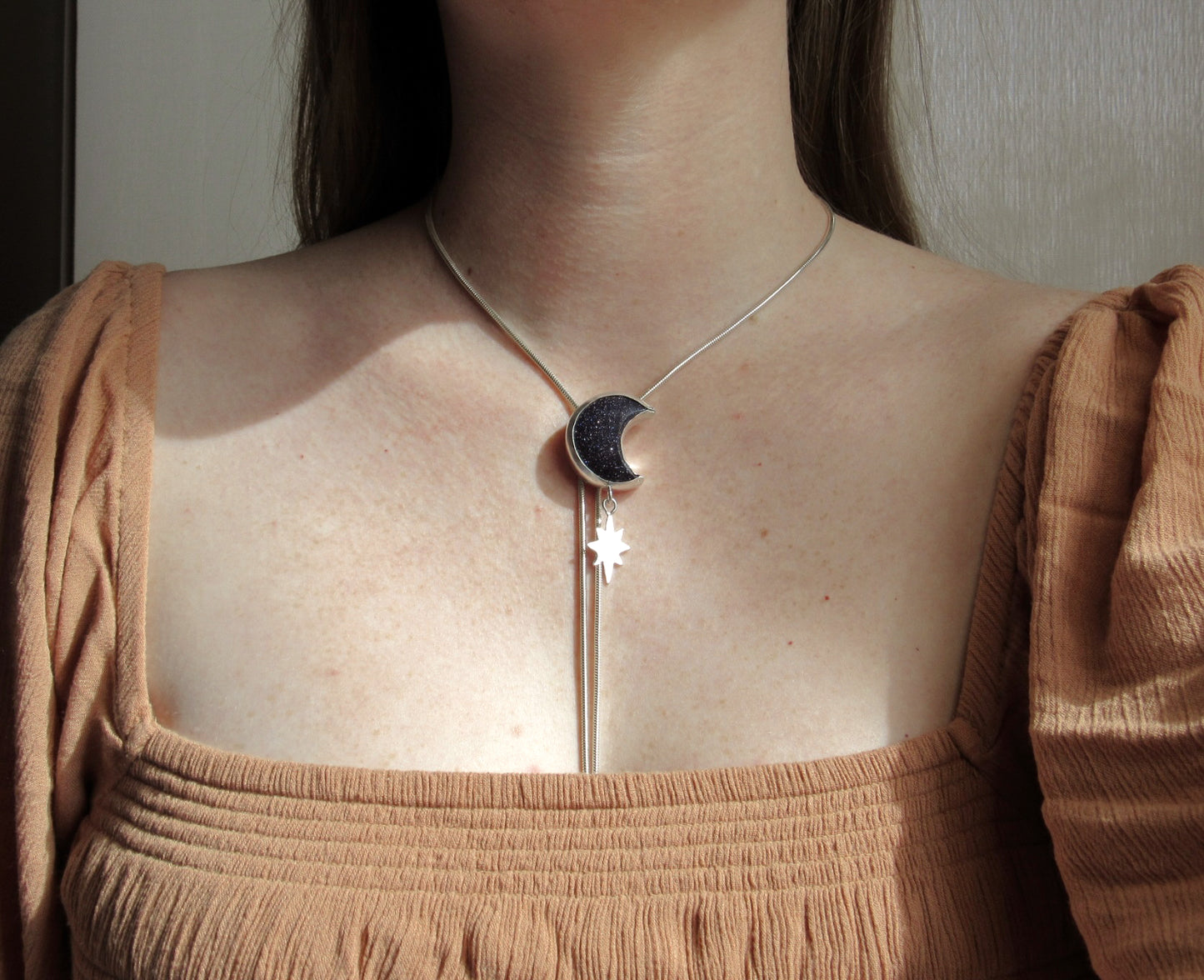 Blue Goldstone Moon Chain Bolo
