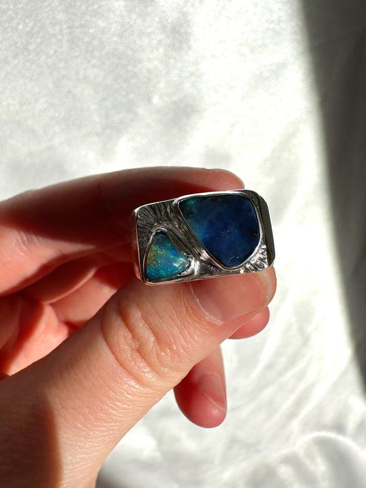 Australian Opal & Ethiopian Opal Signet Ring - Size 7